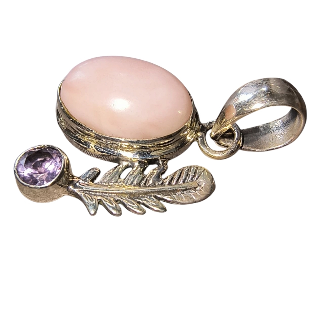 Pink Opal, Amethyst And Sterling Silver Pendant With Feather Detail - Picture 2 of 9